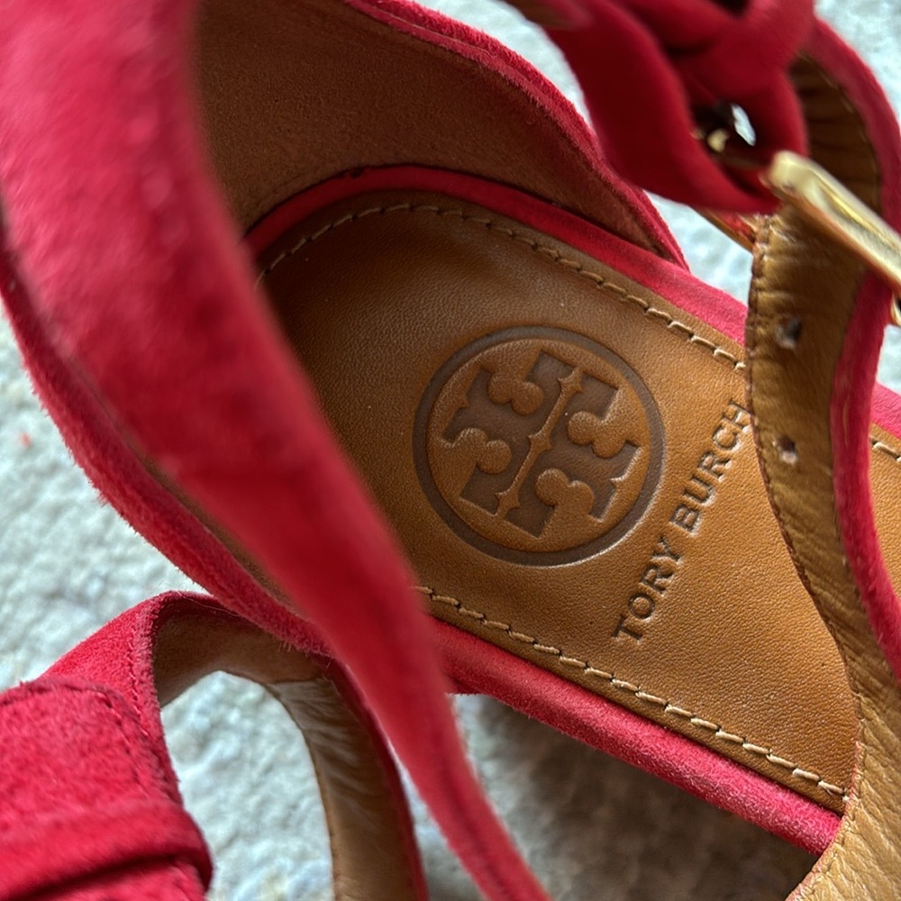 Tory Burch red suede sandals cork wedge 7.5